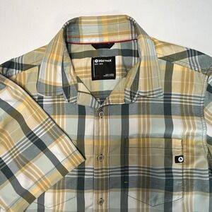 Marmot Mens Shirt Size M Green/Gold Plaid Short Sleeve Button Up Hiking Camping